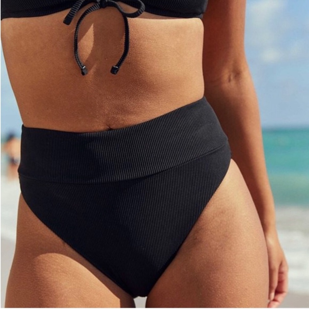AERIE Ribbed High Cut Cheeky Bikini Bottom in Black size XXS G-21